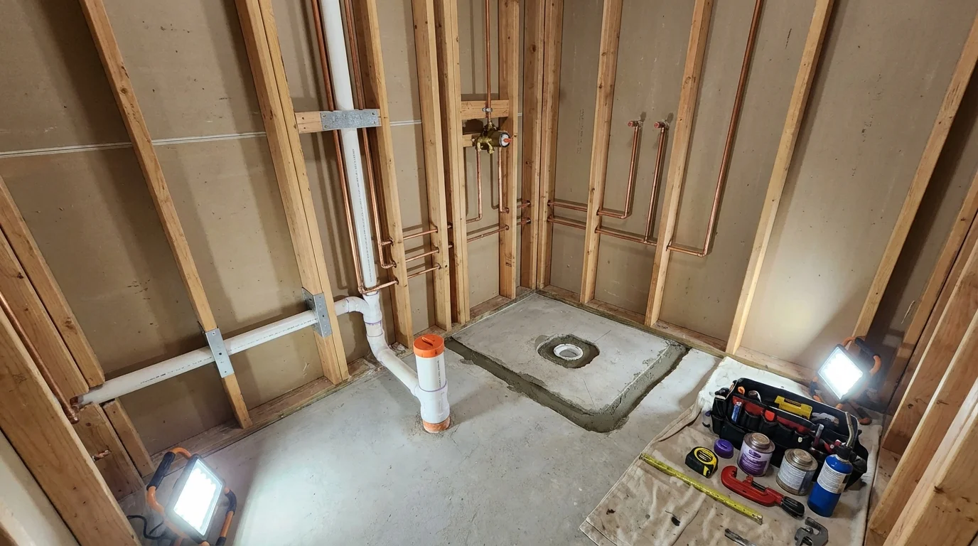 Bathroom rough-in plumbing during remodel by Johns Plumbing LLC in Holly Ridge