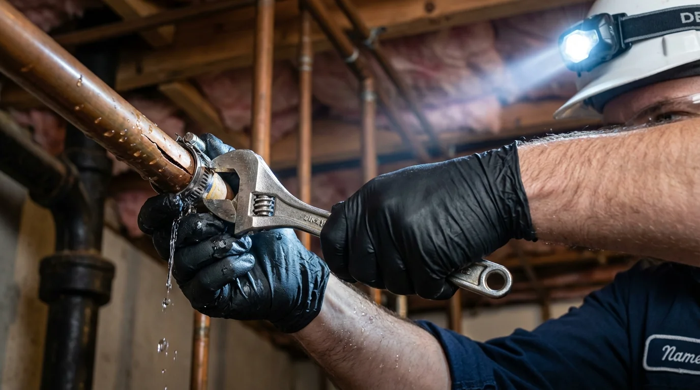Emergency pipe clamp repair being performed by a Johns Plumbing LLC plumber in Holly Ridge