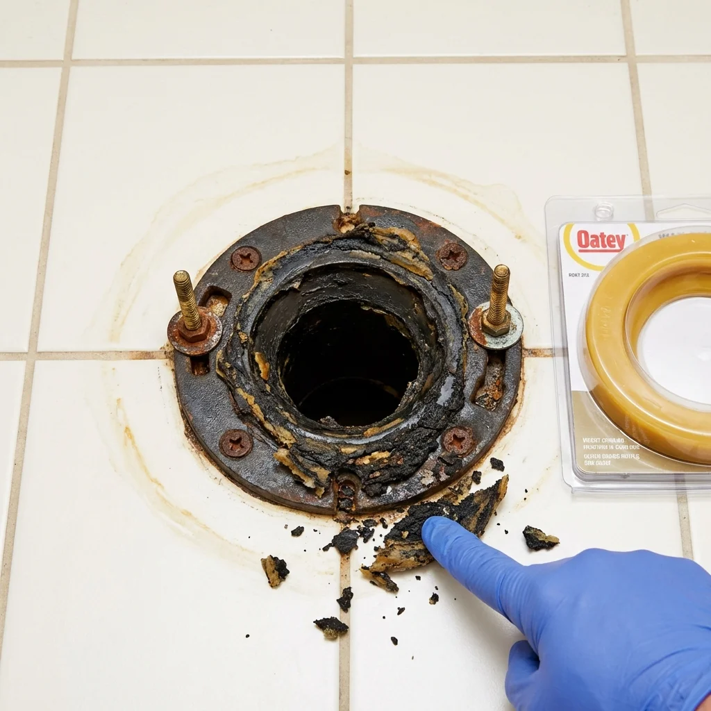Failed wax ring showing water seepage at the base of a toilet in a Holly Ridge, NC home